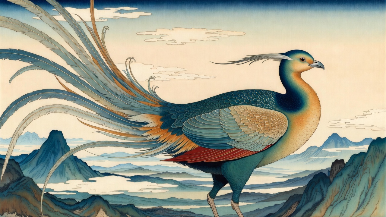 Elegant auspicious bird from ancient Chinese mythology, rendered as a fine art poster suitable for modern North American interiors