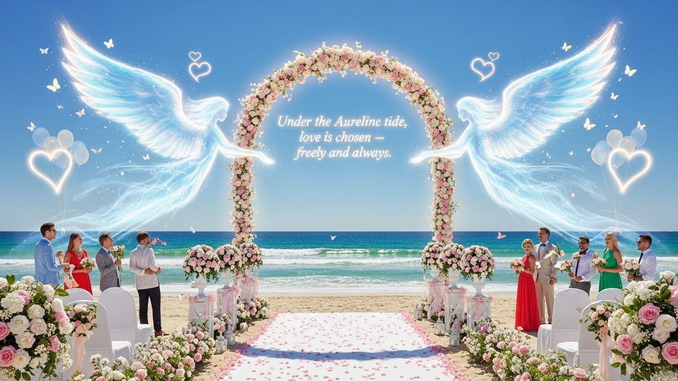 Fantasy seaside wedding banner featuring winged love spirits and flower rain