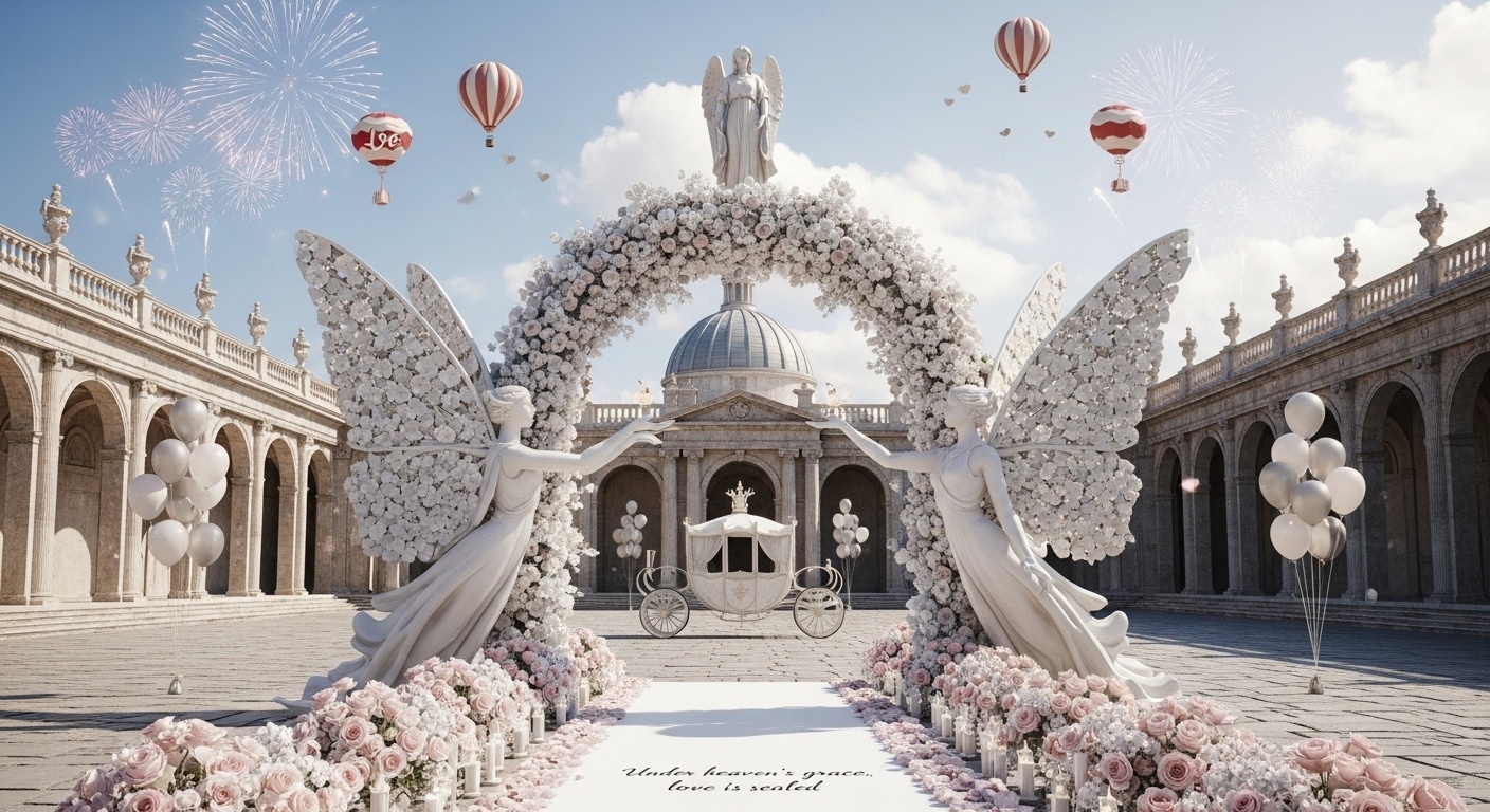 Floral wedding background inspired by classical myths, with butterfly-winged guardian figures offering divine blessing