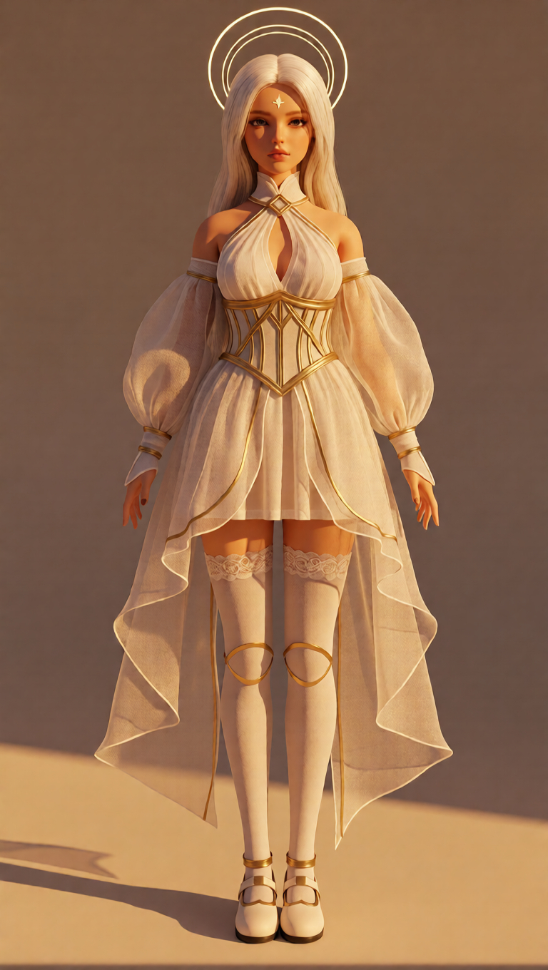Full-body 3D Q-style doll wearing a radiant sheer Leo-inspired outfit