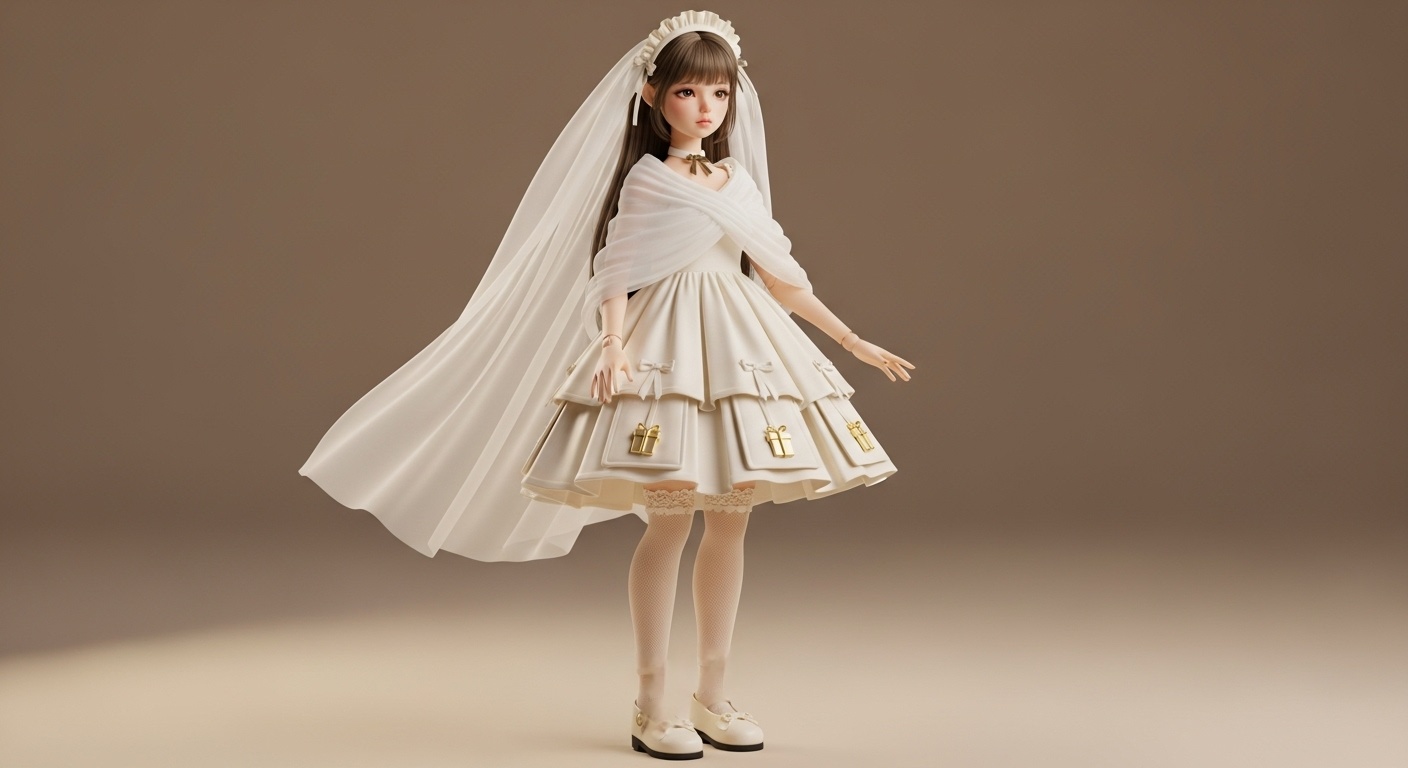 Full-body view of the doll in soft cream veil and layered pleated skirt, warm light highlighting gold gift charms