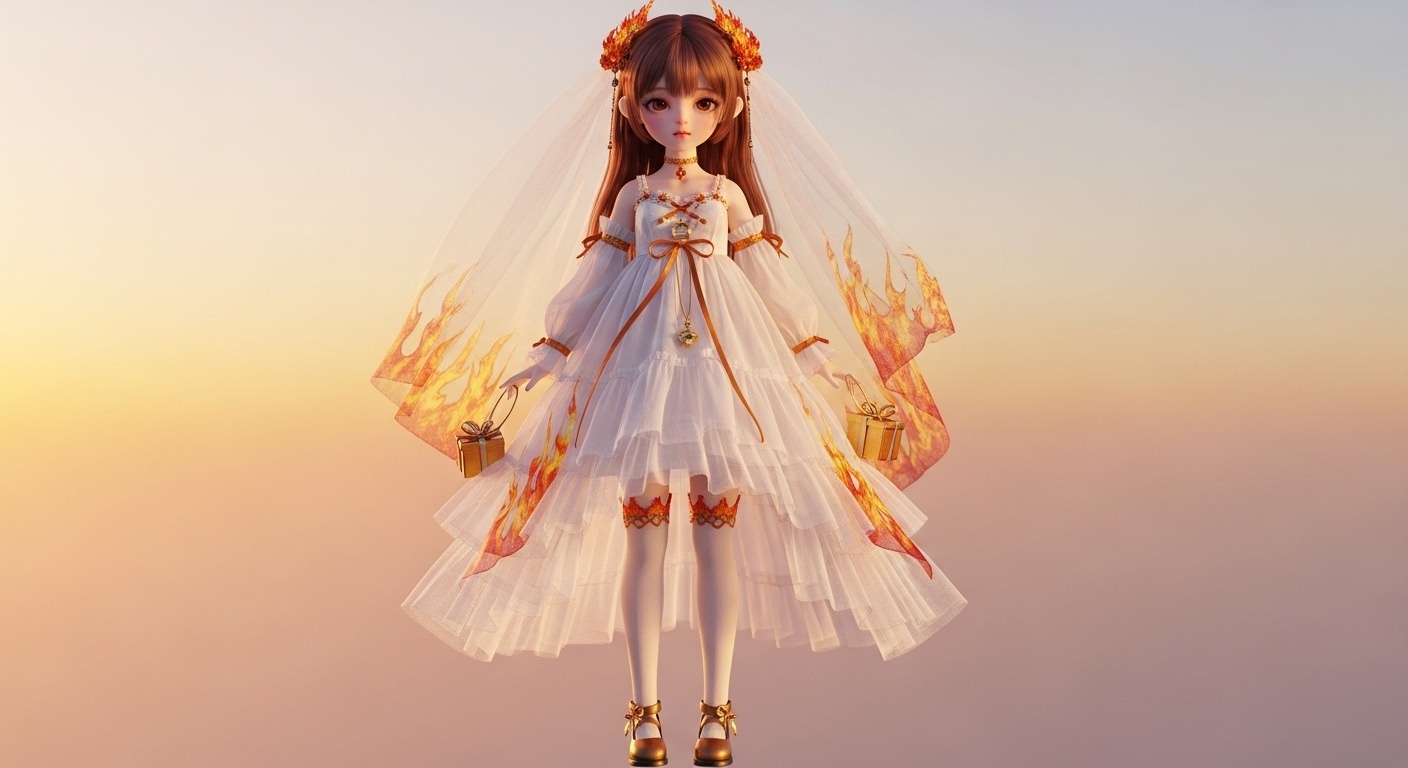 Full-body view showing gentle motion in the veil, suggesting travel and freedom