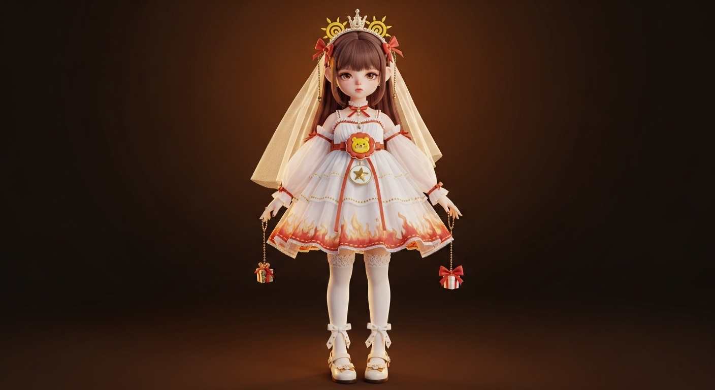 Full-body view showing layered white skirt, fire-warm accents, and tiny gift-inspired details