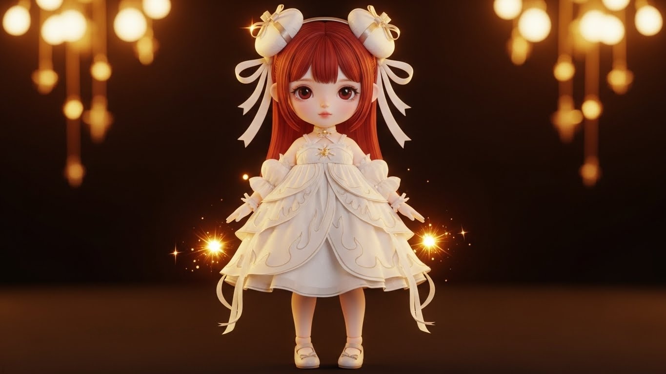 Full-body view showing ribbon-inspired details and energetic silhouette