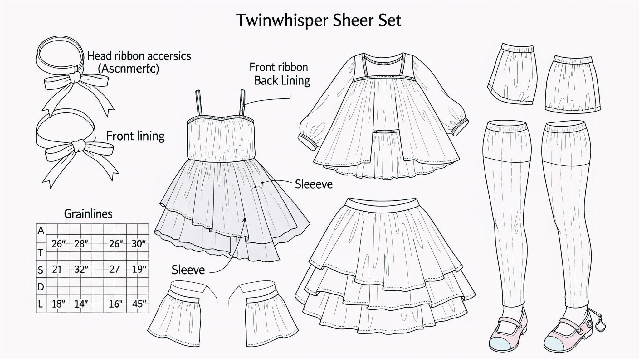 Head-to-toe view showing twin ribbon accessories and soft pastel palette Technical Blueprint Prompt