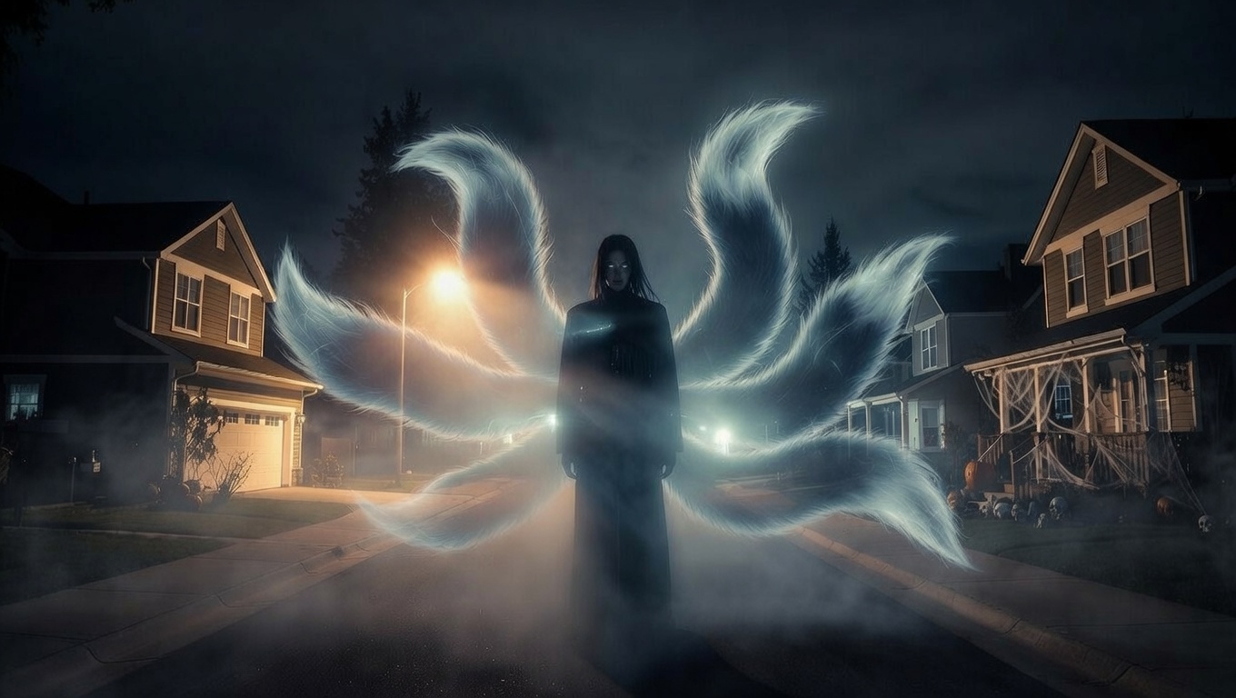 Human-form nine-tailed fox with ghostly tails surrounded by skull imagery at midnight