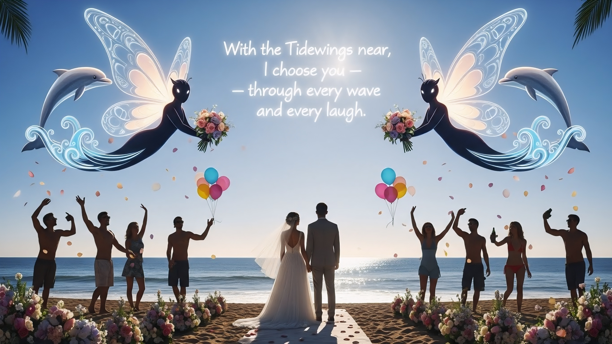 Inclusive seaside wedding photo background with abstract love companions and vow text