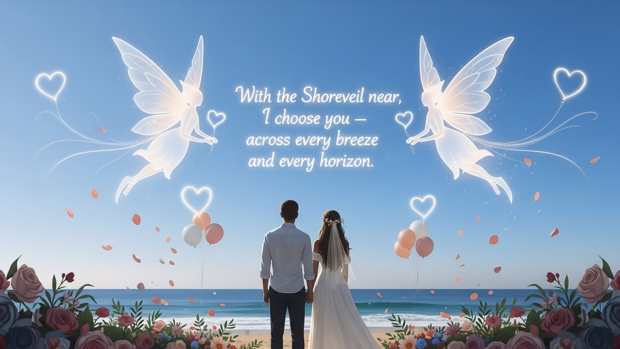 Inclusive seaside wedding photo background with original vow text and light sprites