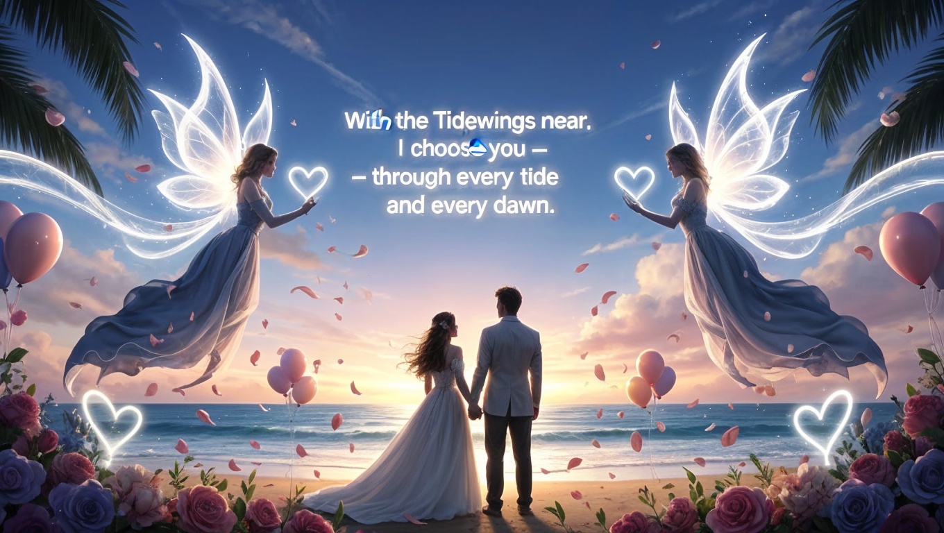 Inclusive seaside wedding photo wall with original vow text and soft light spirits