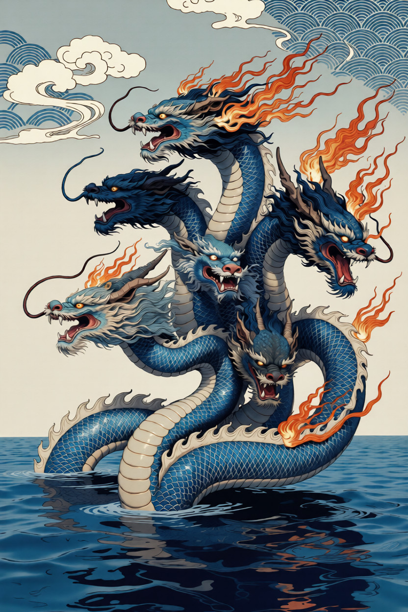 Jiuying rests in still water, nine calm heads forming a quiet arc beneath a pale sky of symbolic clouds