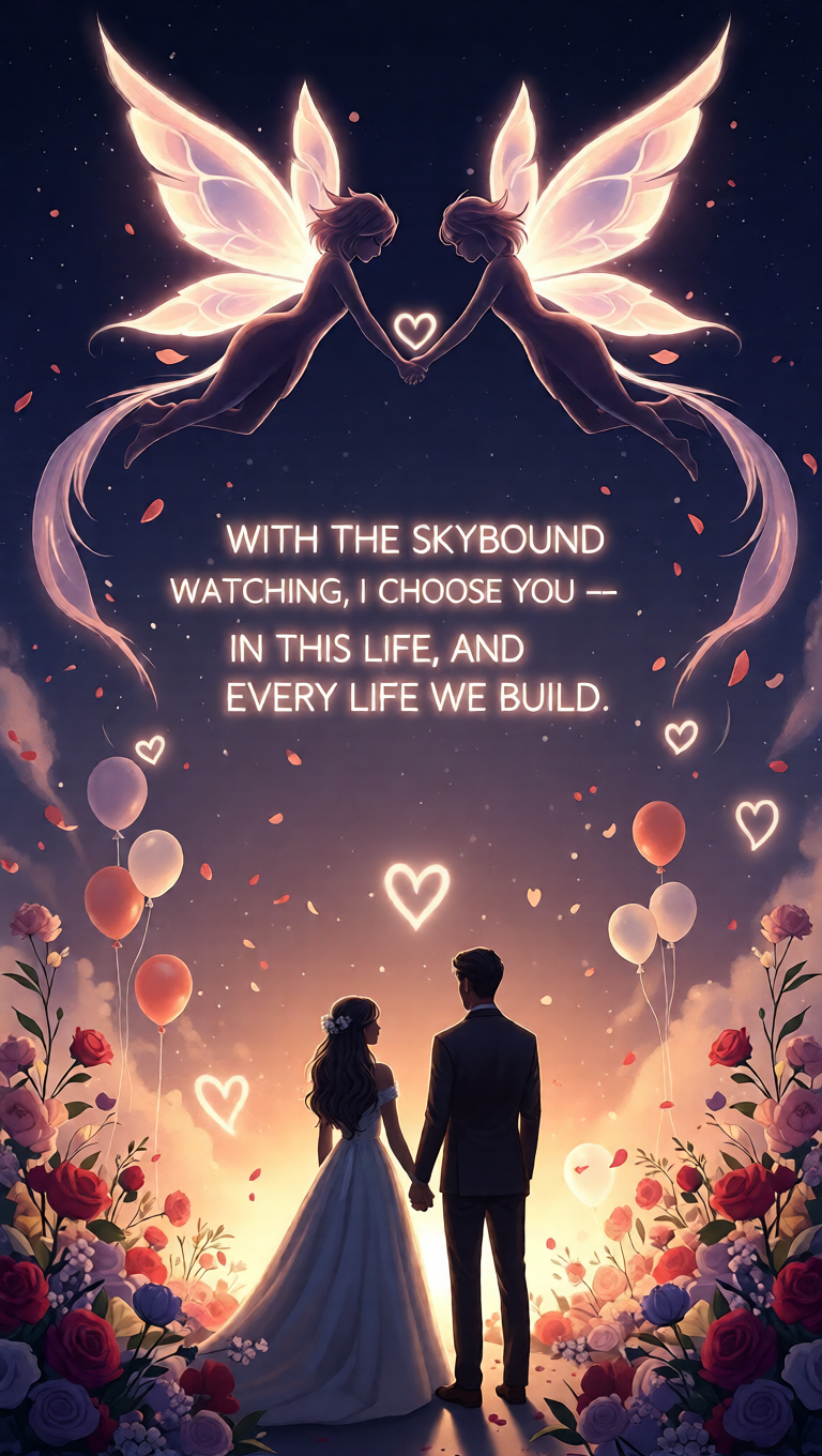 Joyful fantasy wedding banner with soft light wings and floral celebration elements.