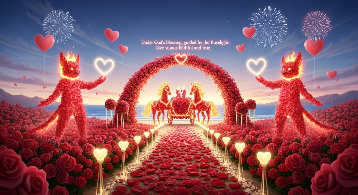 Joyful wedding banner featuring a sea of roses, fireworks, balloons, and a blessing-inspired fantasy arch