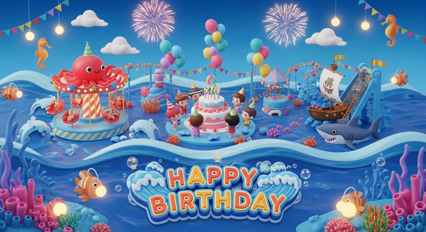 Kids celebrating a birthday inside a colorful ocean amusement park