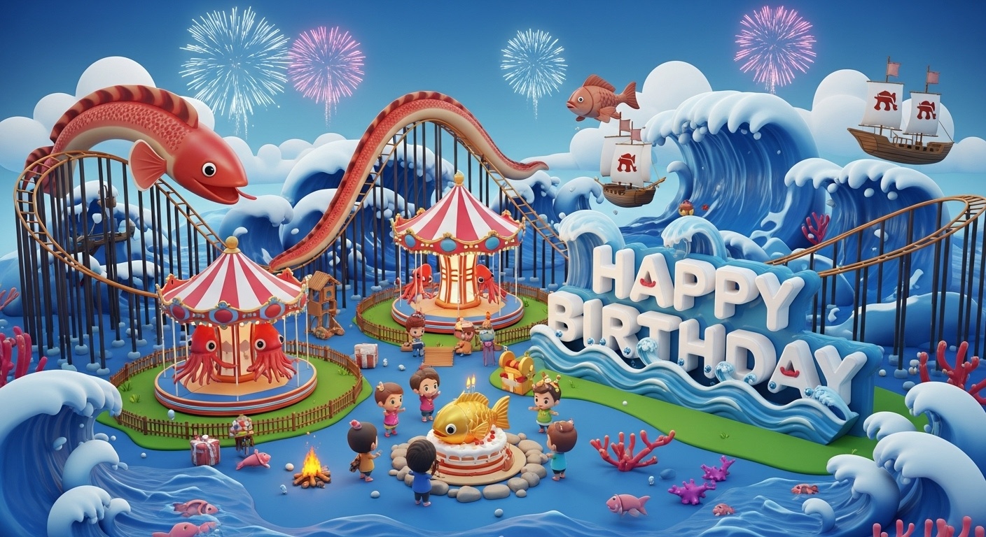 Kids celebrating around a goldfish birthday cake with fireworks above the waves