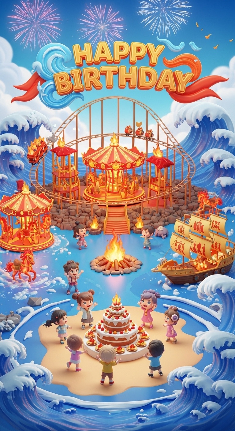 Kids cheering around a central fire-themed birthday cake with fireworks overhead