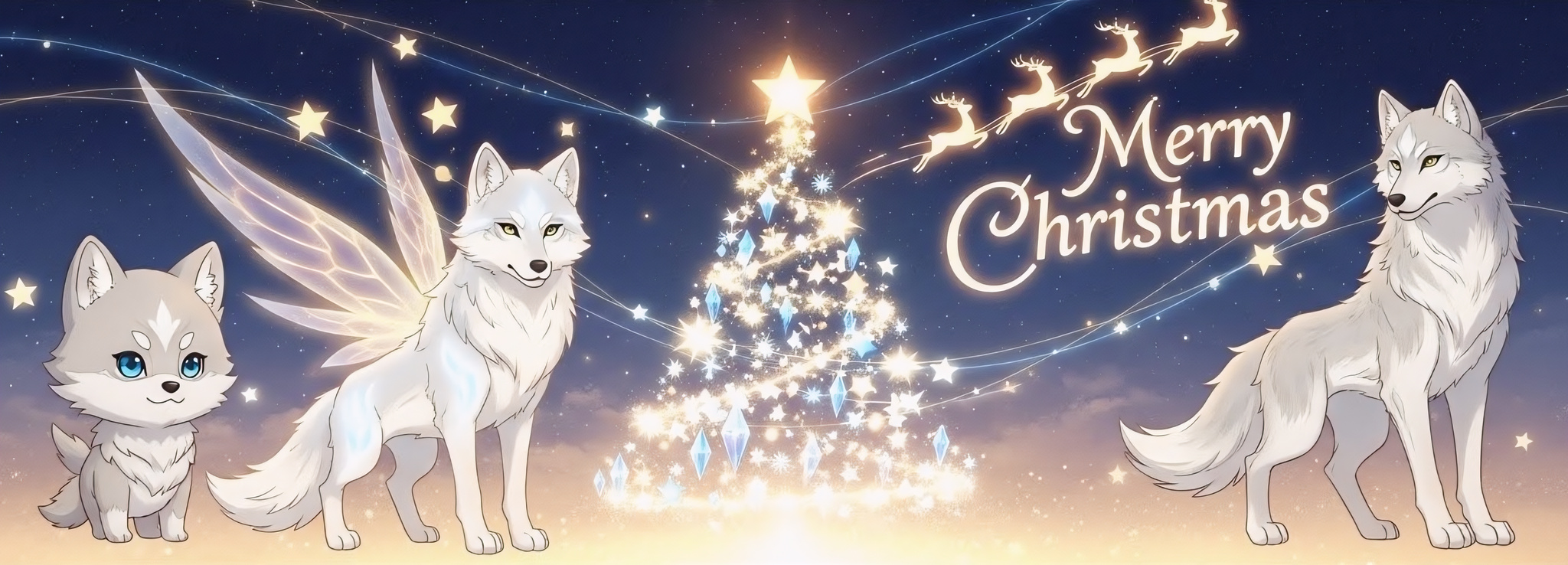 Light fantasy anime illustration of psychic fairy wolves watching over a peaceful holiday night