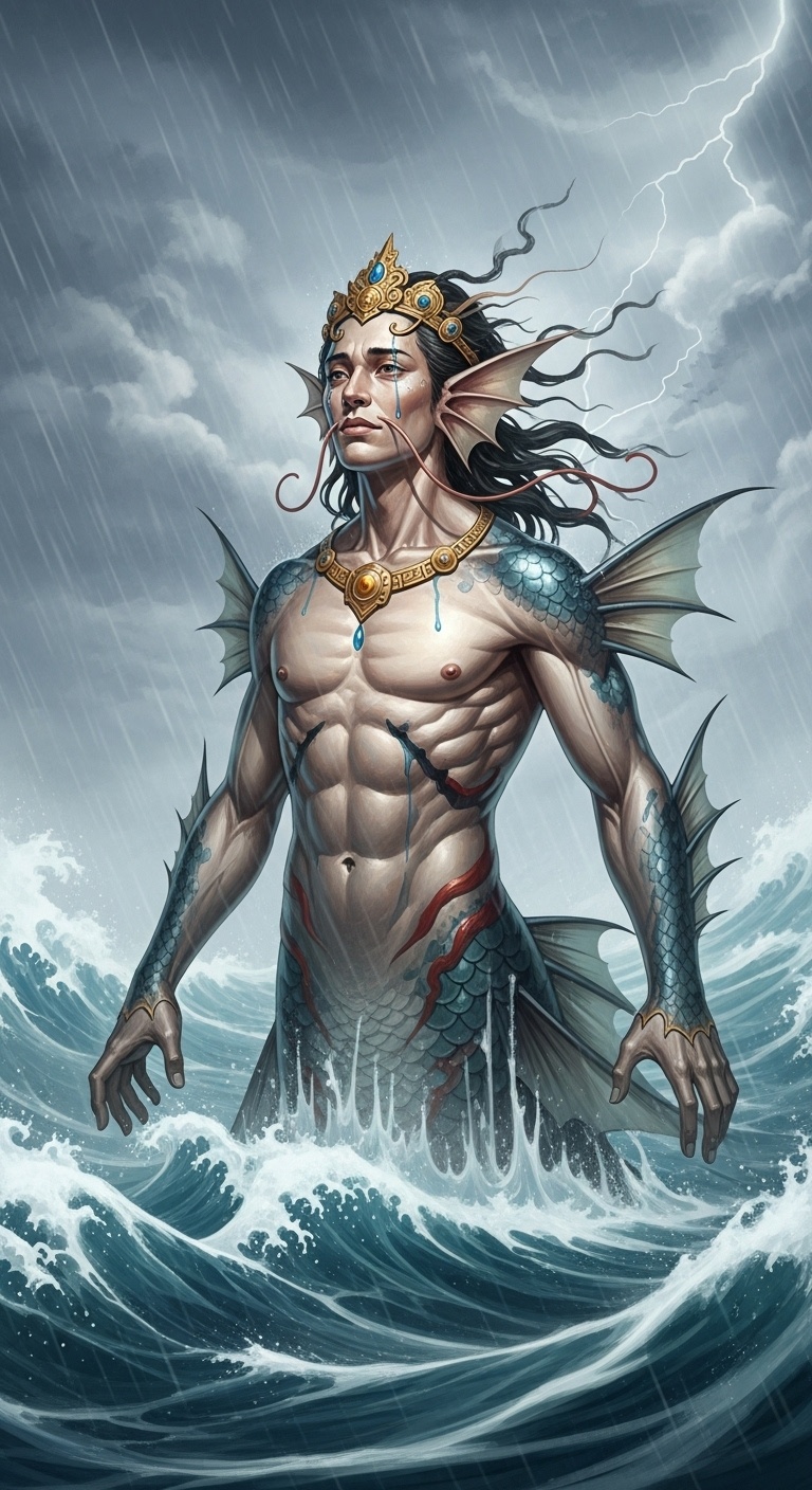 Ling Yu emerges from the sea, wind and mist shaped by its unseen cry, blending ancient myth with modern digital atmosphere