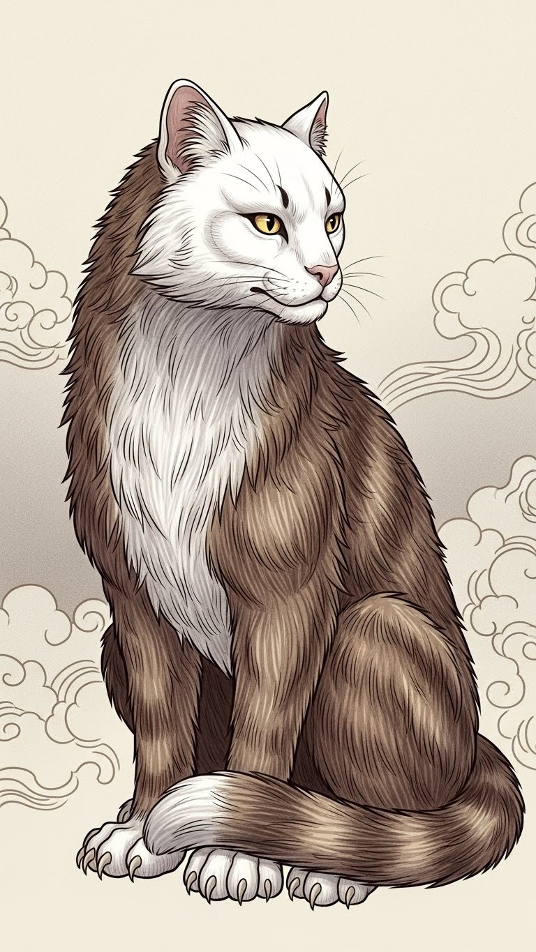 Mythical Tengu depicted as a gentle guardian cat, blending ukiyo-e tradition with modern art