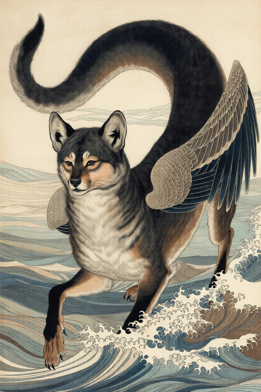 Mythological Huà Shé rendered in ukiyo-e style with modern digital texture