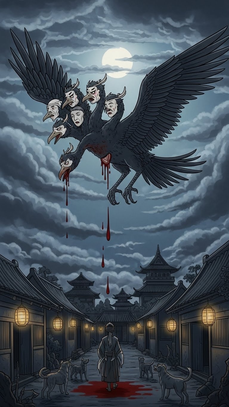 Nine-headed bird myth art depicting a ghostly omen creature under storm clouds, blending Chinese mythology with ukiyo-e aesthetics