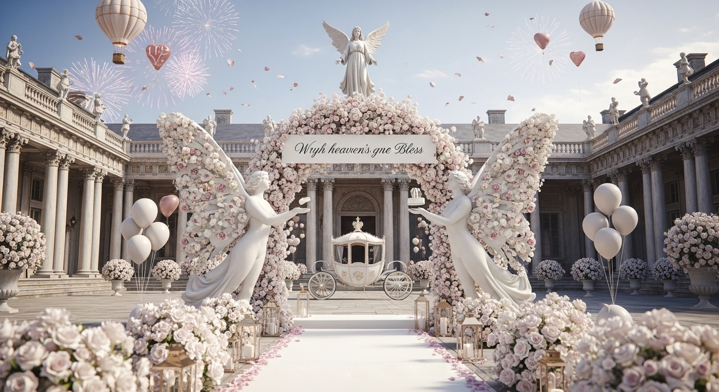 Romantic wedding backdrop with ancient palace architecture, sculptural magical creatures, and fireworks celebrating sacred union