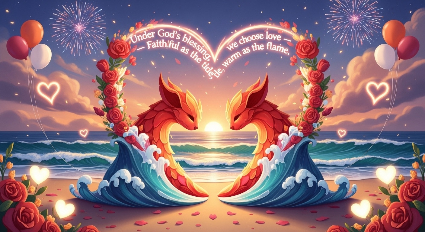 Romantic wedding banner featuring fire rose textures, ocean waves, balloons, and fireworks at sunset