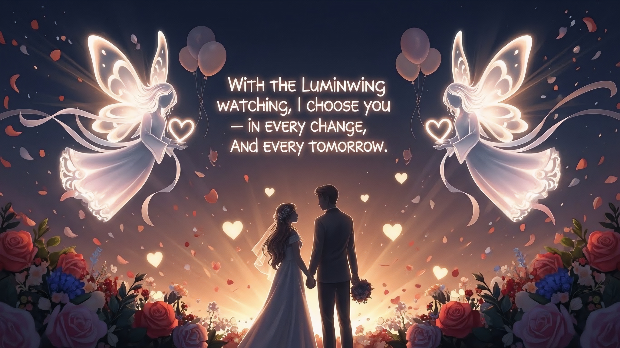 Romantic wedding banner with luminous butterfly-inspired spirits and warm floral elements.