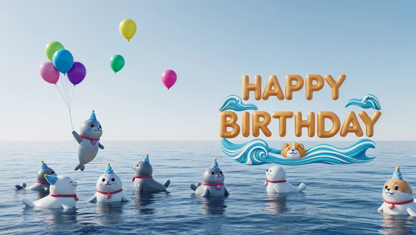 Seaside birthday background artwork featuring lucky seal fantasy creatures, airy balloons, and a peaceful ocean horizon in a warm and celebratory 3D chibi aesthetic