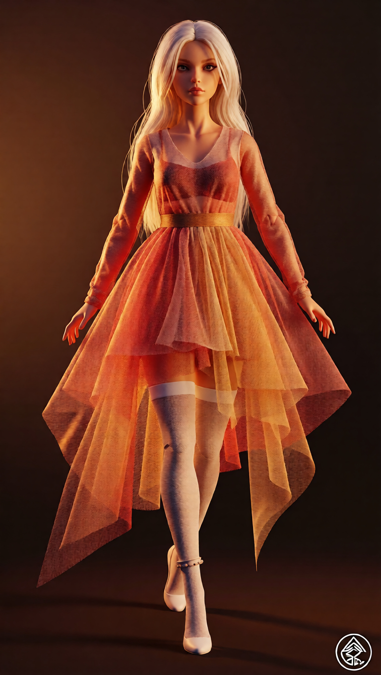 Side profile highlighting asymmetrical skirt movement and clean white stockings