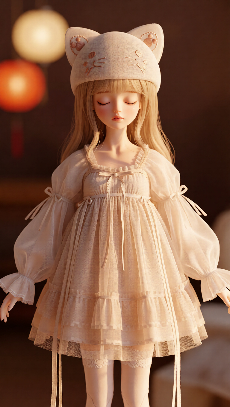 Side view highlighting rounded cat-ear headband and gentle sleeve volume