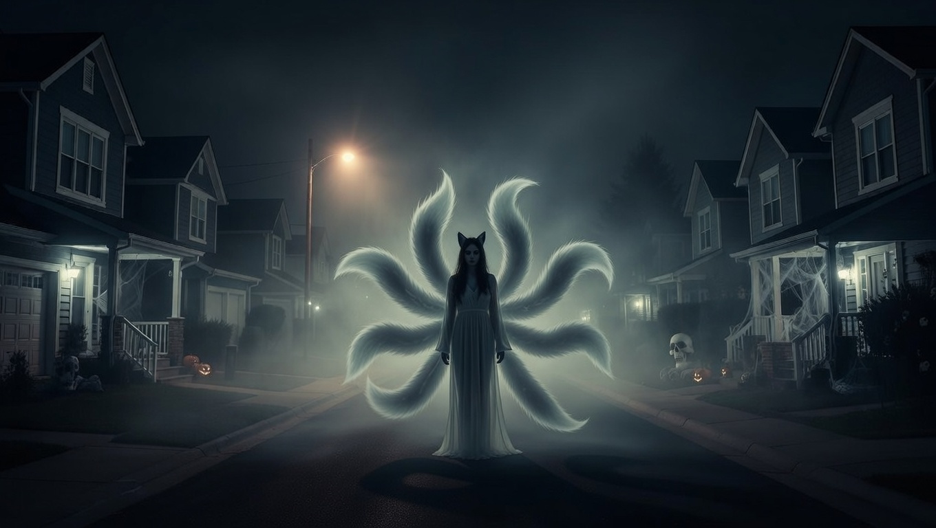 Spectral nine-tailed fox apparition framed by shadows and skeletal forms