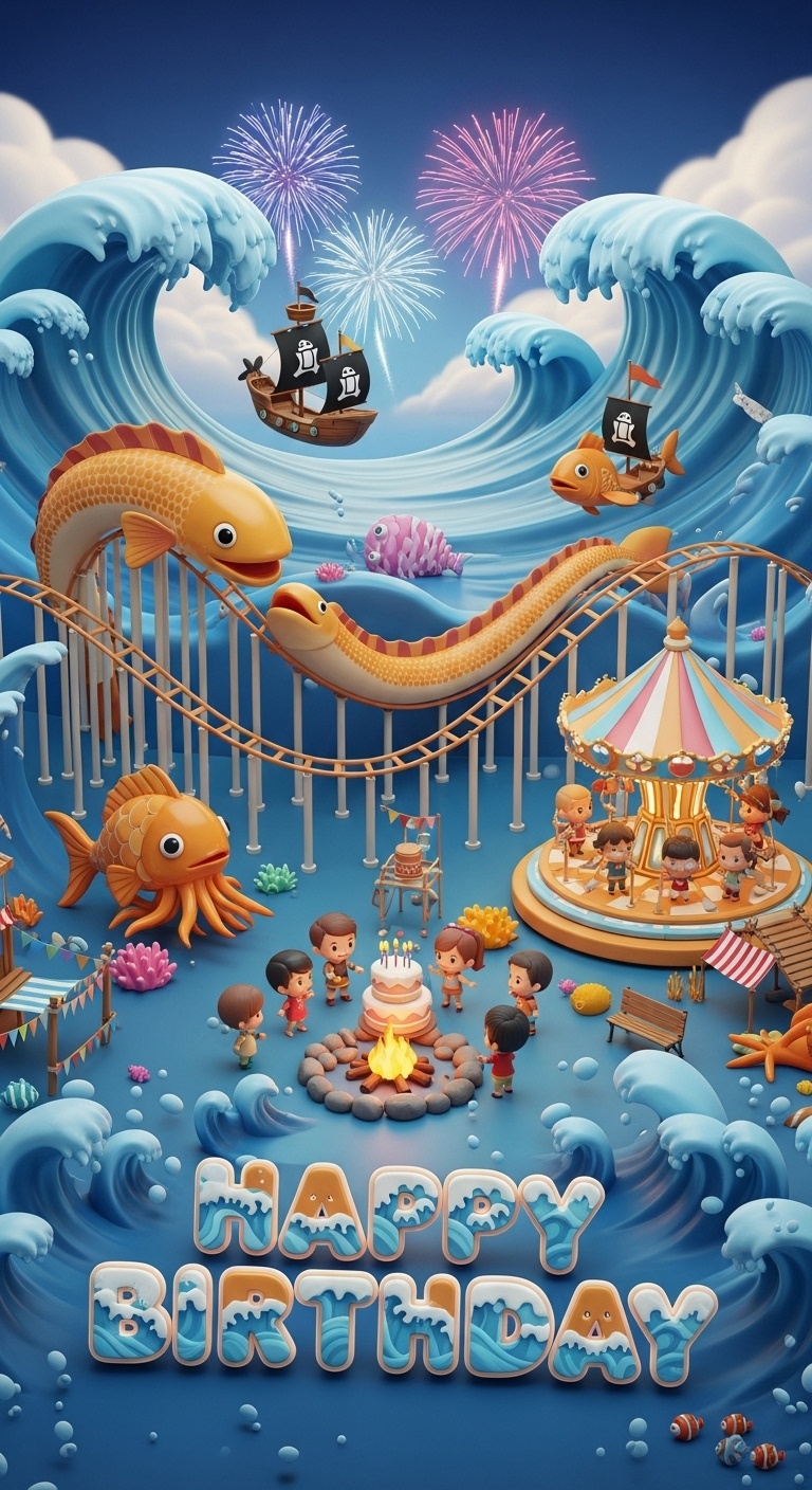 Spring ocean playground birthday with eel roller coaster wrapping the amusement park