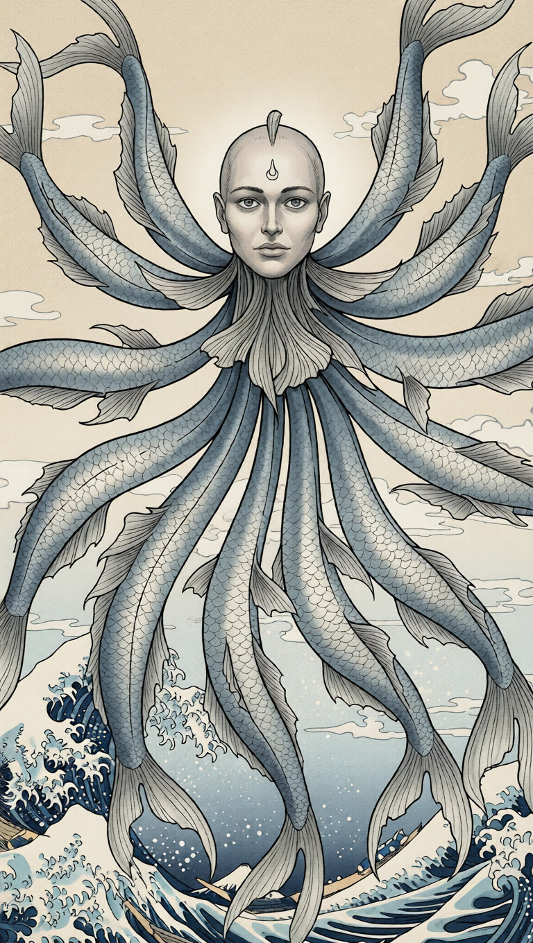 Symbolic wall art illustrating freedom of expression through a multi-bodied aquatic being