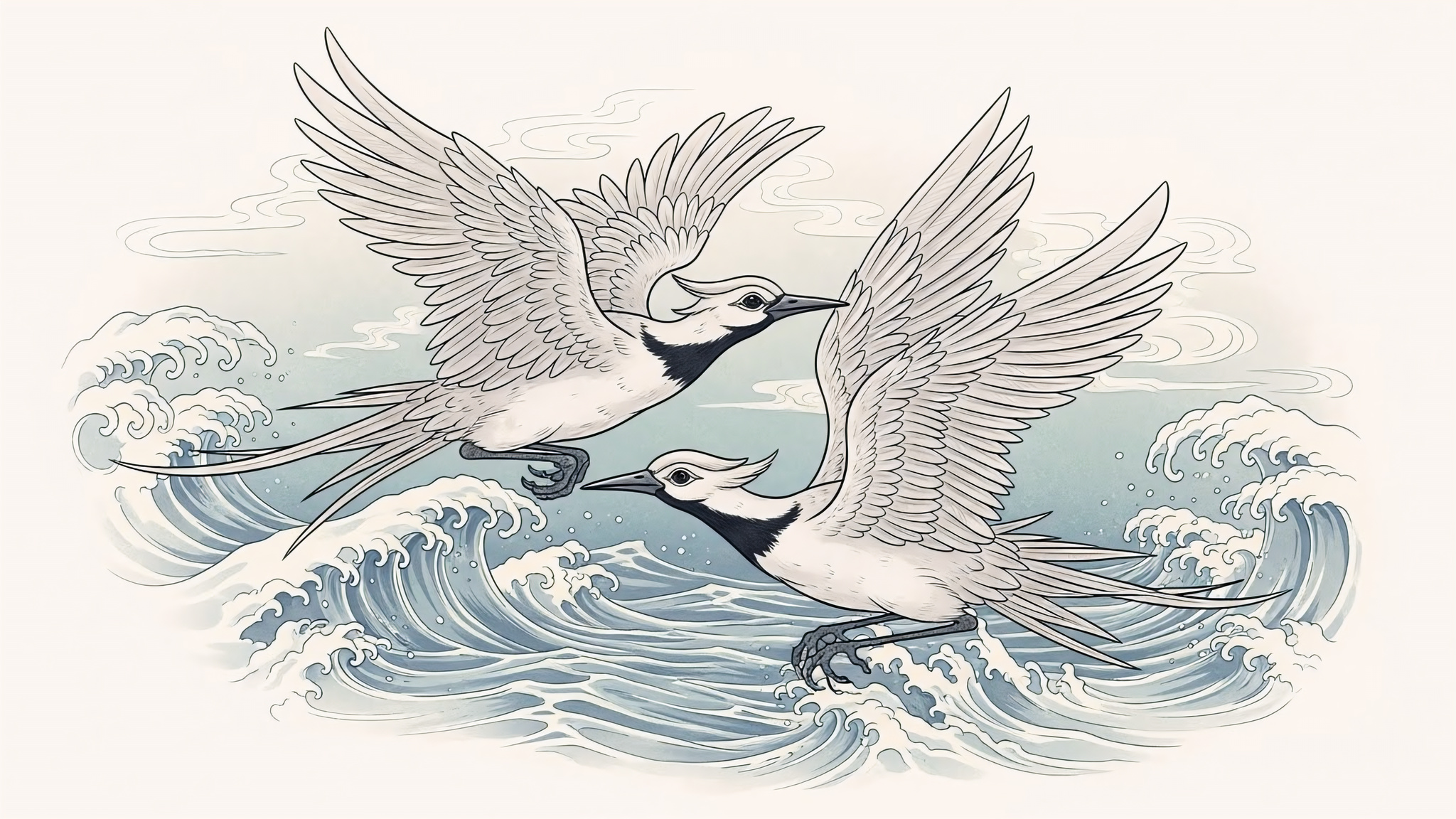 Two mythical Biyi Birds flying together above stylized rising waves, each bird carrying one wing and one eye, symbolizing shared freedom