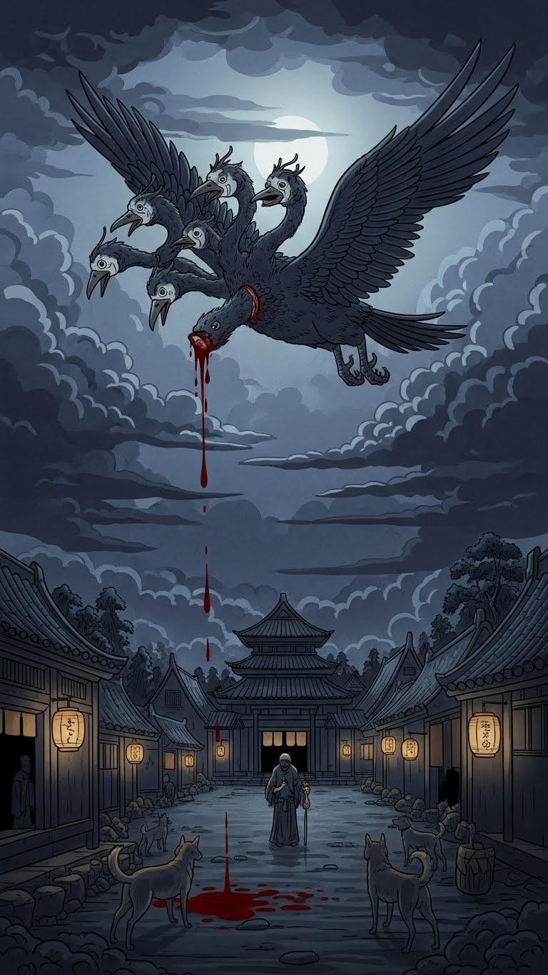 Ukiyo-e modern fusion artwork showing a nine-headed omen bird hovering over misty mountains and reflective waters