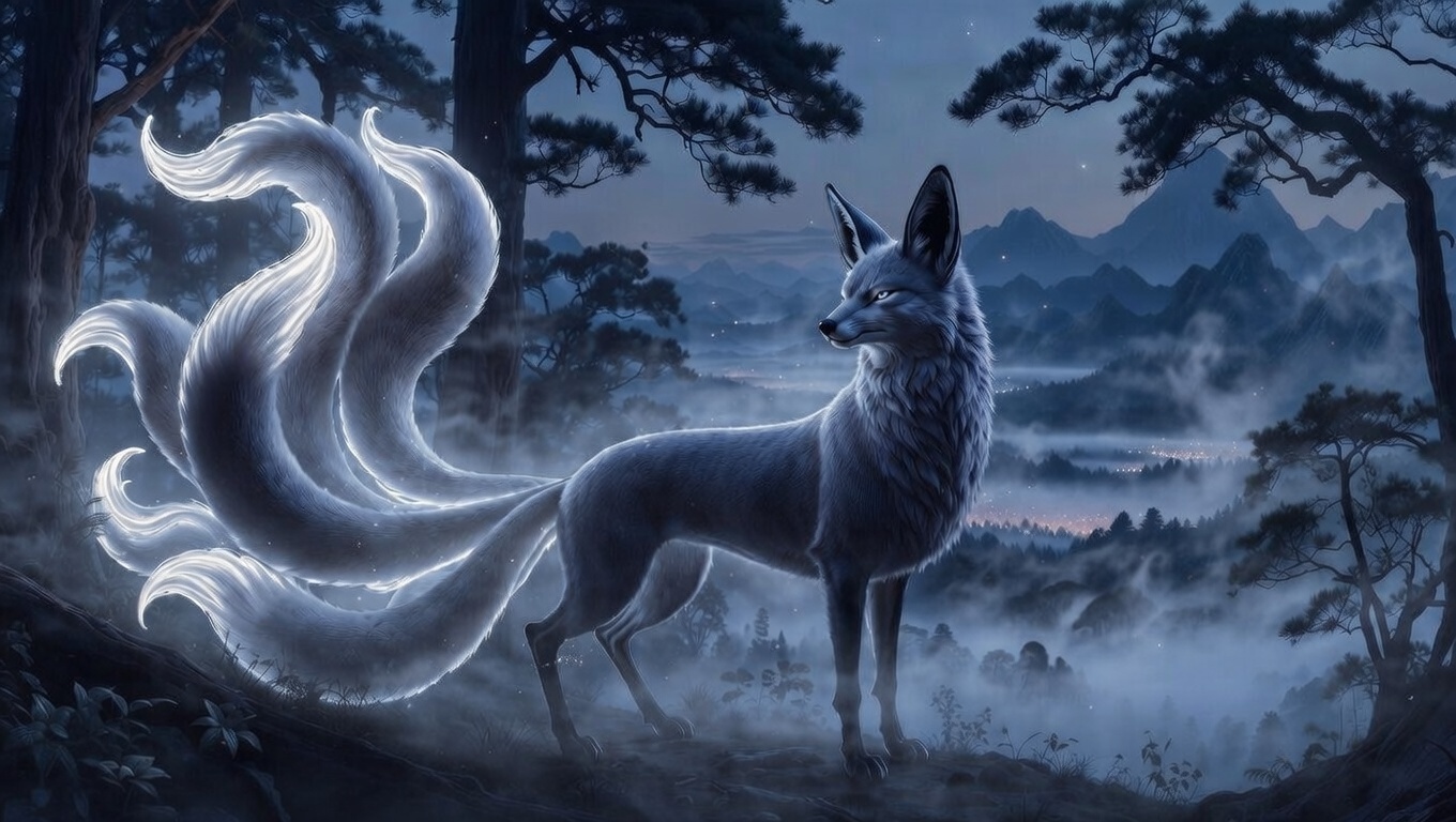 Urban fantasy nine-tailed fox artwork blending Japanese ukiyo-e waves with modern digital lighting and environmental symbolism