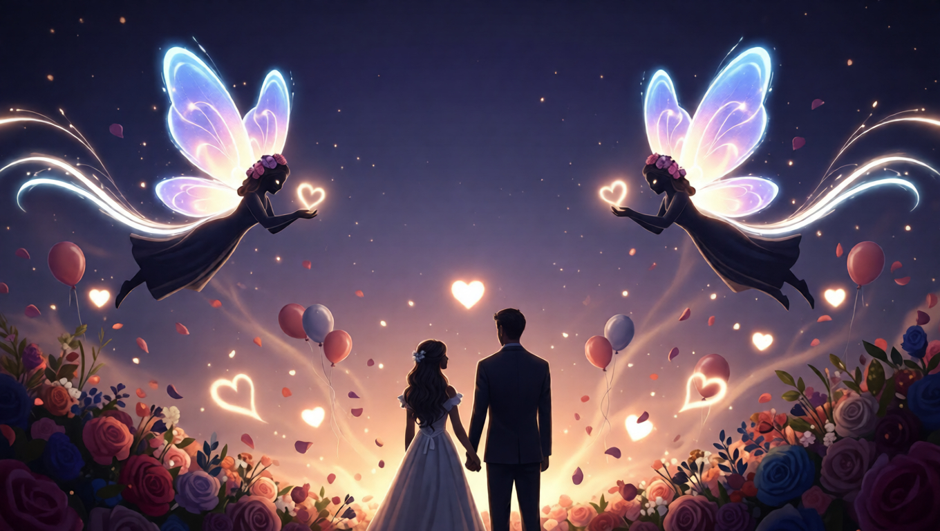 Urban fantasy wedding banner featuring abstract wings, flowers, and balloons.