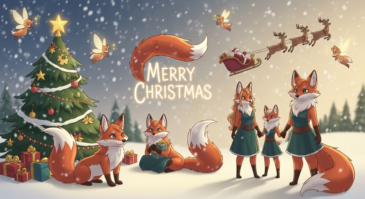 Whimsical fox fairy Christmas background inspiration with gentle snow and warm lighting