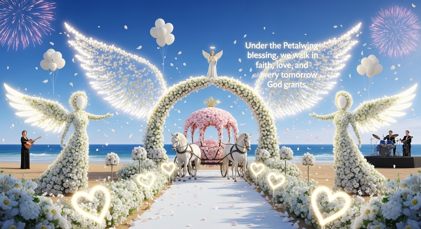White romantic wedding banner with floral-wing guardians blessing a rose carriage arch on a beach
