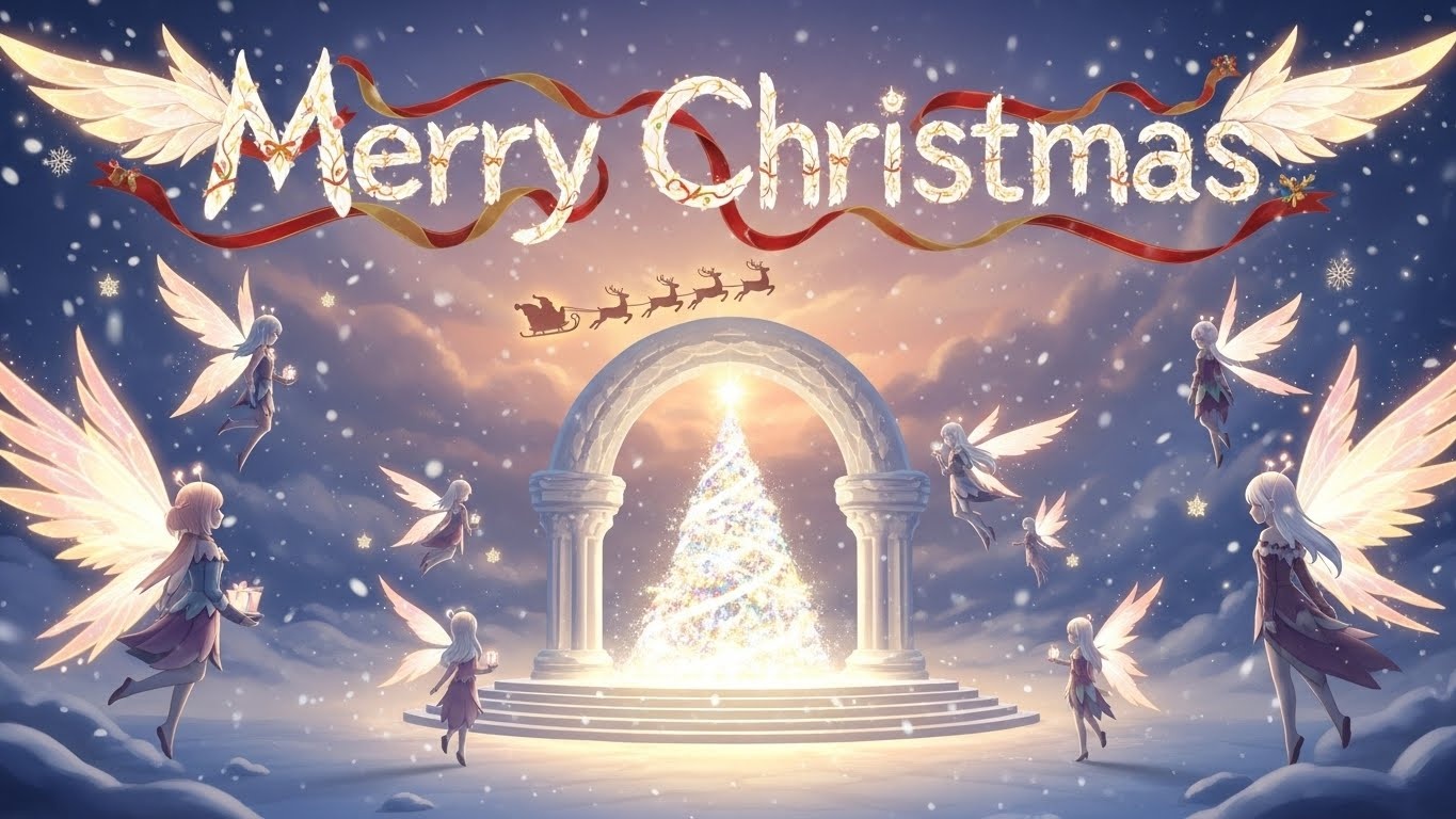 Winged fairy guardians hover gently around a glowing Christmas tree inside a sacred winter sanctuary