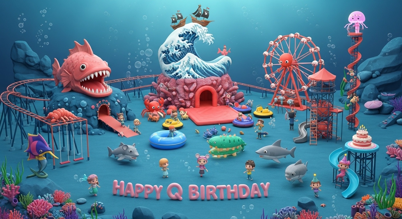 chibi deep sea birthday wall art featuring baskettail climbing frame mousefish playful mermaid vertical isopod tower axe fish slide and happy children family backdrop