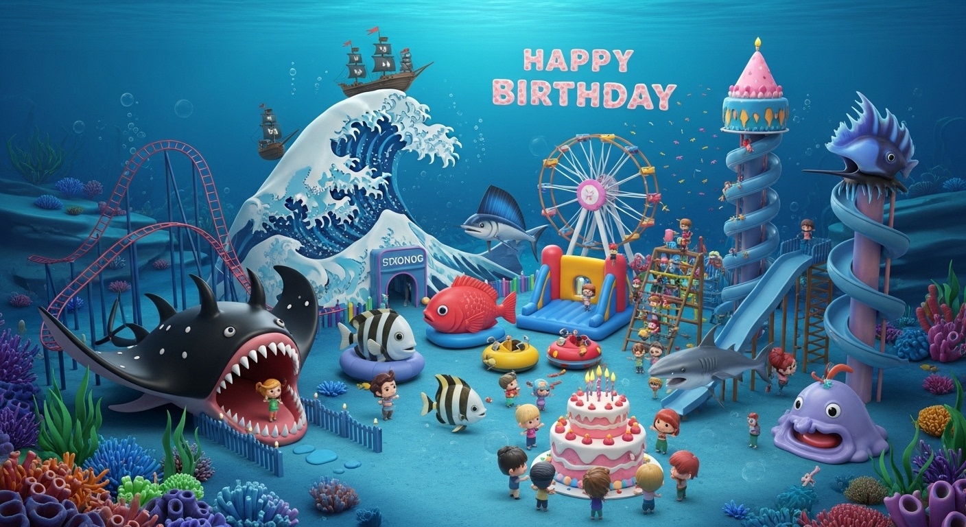 deep sea birthday background illustration for kids showing manta ray swings sawshark slide lanternfish climbing frame mermaid and family celebration mood