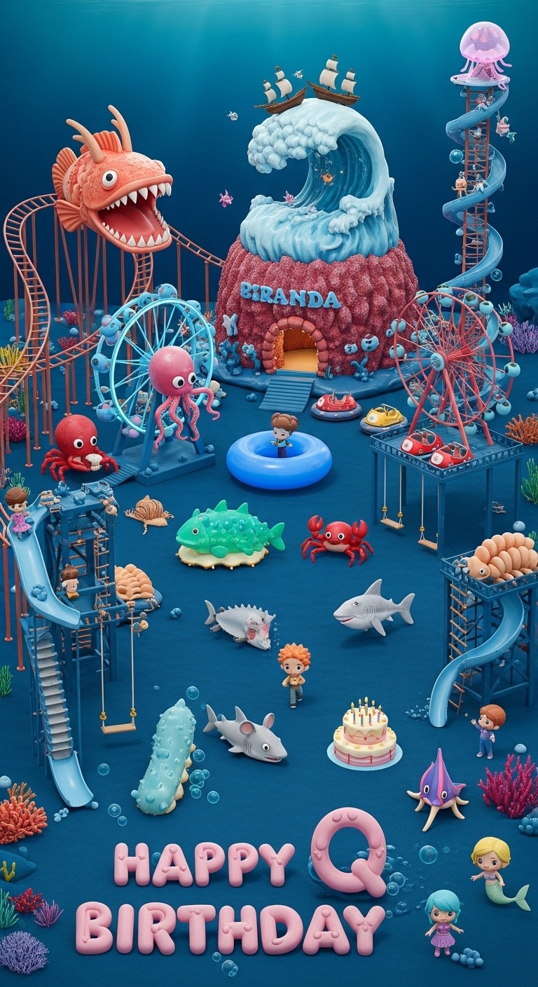 deep sea birthday kids fantasy amusement park backdrop showing dragon fish roller coaster open mouth entrance giant wave pirate ships giant coral bounce house and children celebrating
