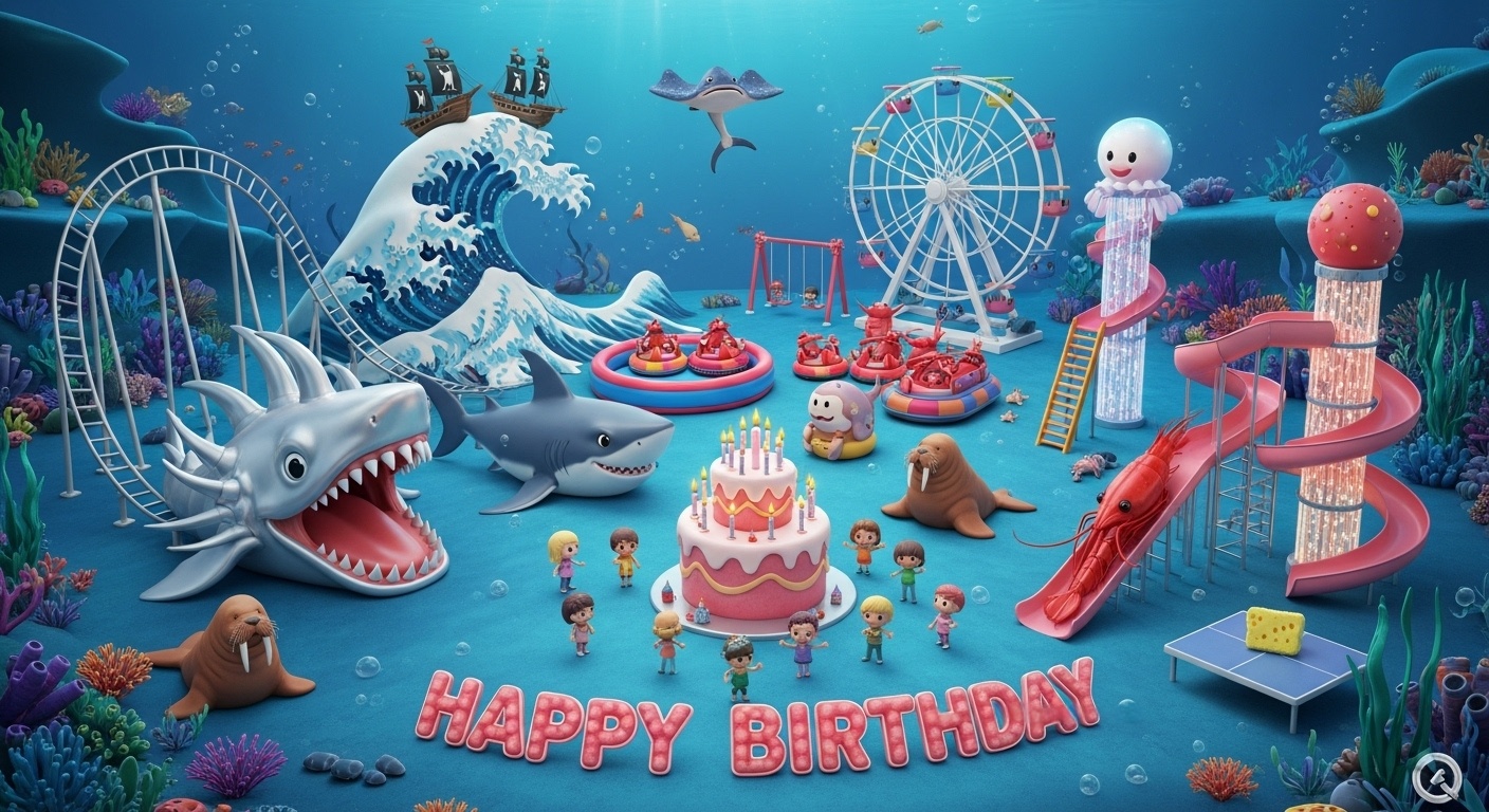kids birthday amusement park under the sea with fantasy inspiration featuring swordnose shark bounce house red shrimp bumper cars marlin ferris wheel and smiling children