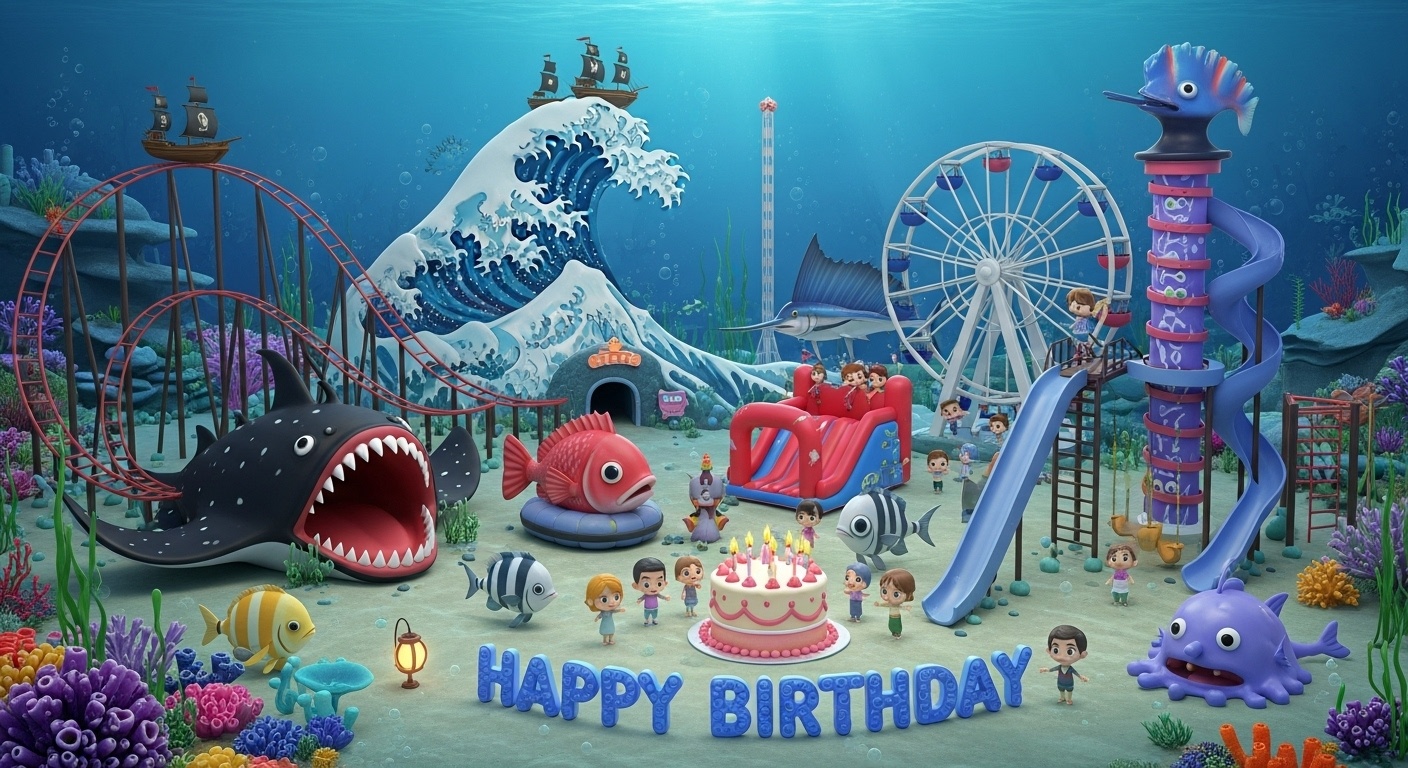 underwater kids birthday amusement park with fantasy style featuring red bigeye bream bounce house stonefish bumper cars marlin ferris wheel and happy kids