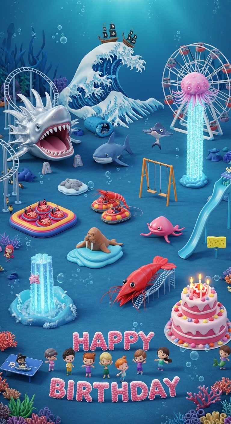 underwater kids birthday background with a deep sea amusement park style giant starfish birthday cake sea squirt climbing frame walrus mermaid and joyful family mood