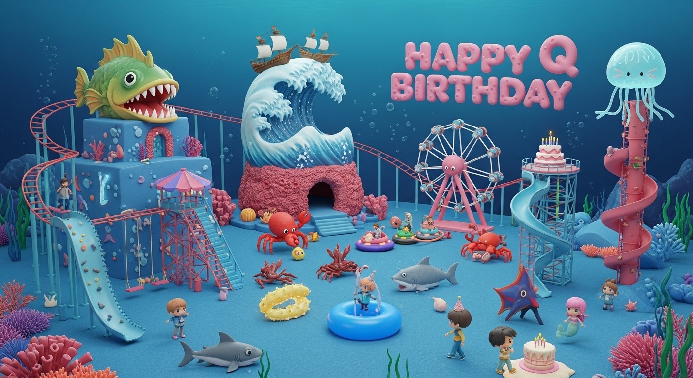 underwater kids birthday scene fantasy style with blue ring octopus ferris wheel spider crab bumper cars glowing sea cucumber swings sawshark slide and joyful kids