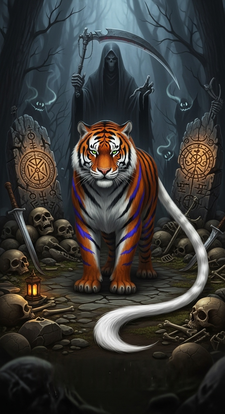 A Halloween folklore banner featuring a multicolored tiger-like beast with an elongated white tail standing amid skulls and ritual symbols