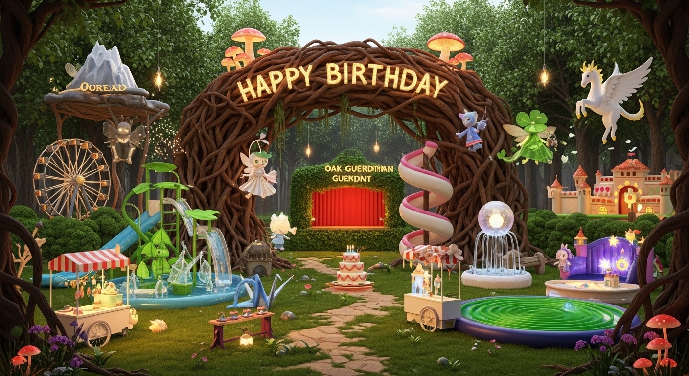A cinematic fantasy birthday backdrop with Moon Pegasus ice cream cart beside a glowing forest path and children gathering around a wedding style cake in a magical amusement park