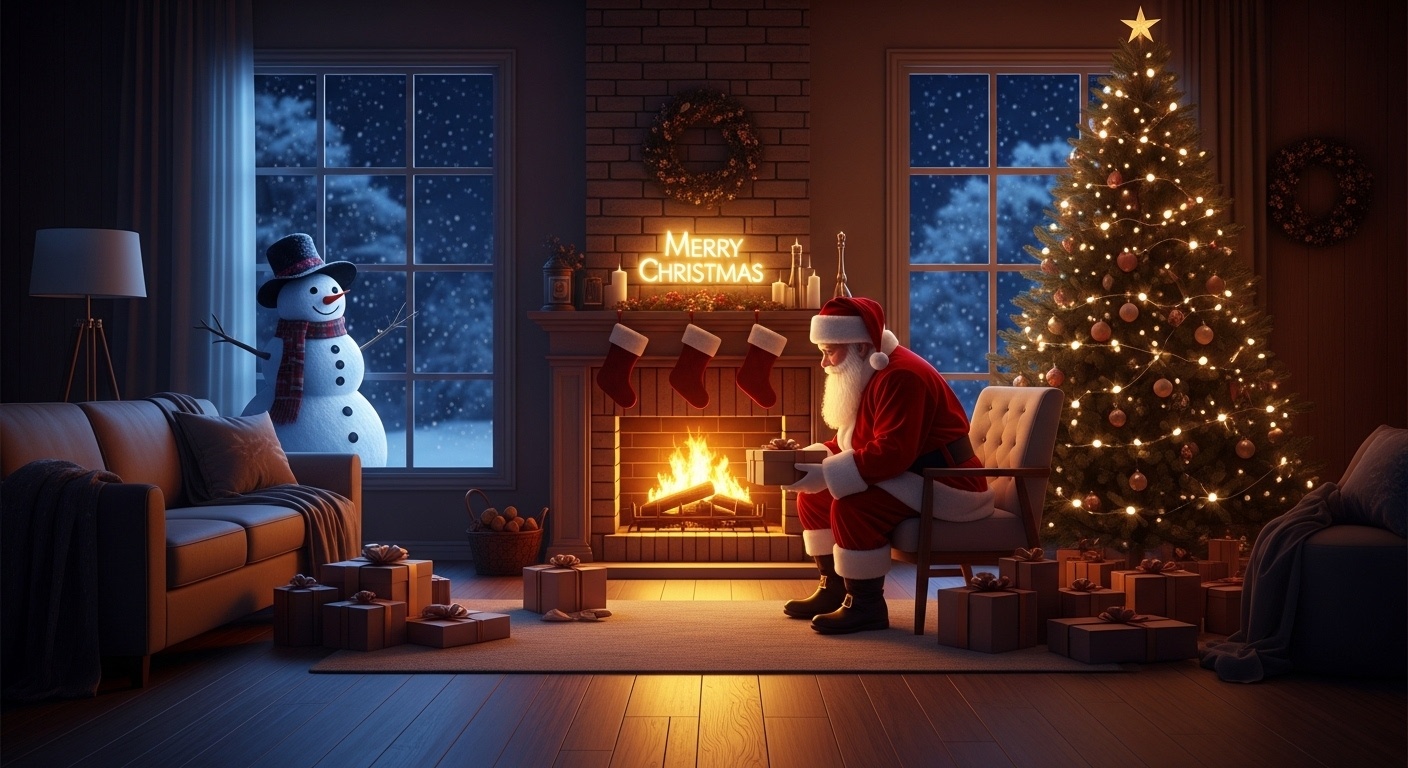 A cozy family Christmas photo background with tree, stockings, and soft firelight